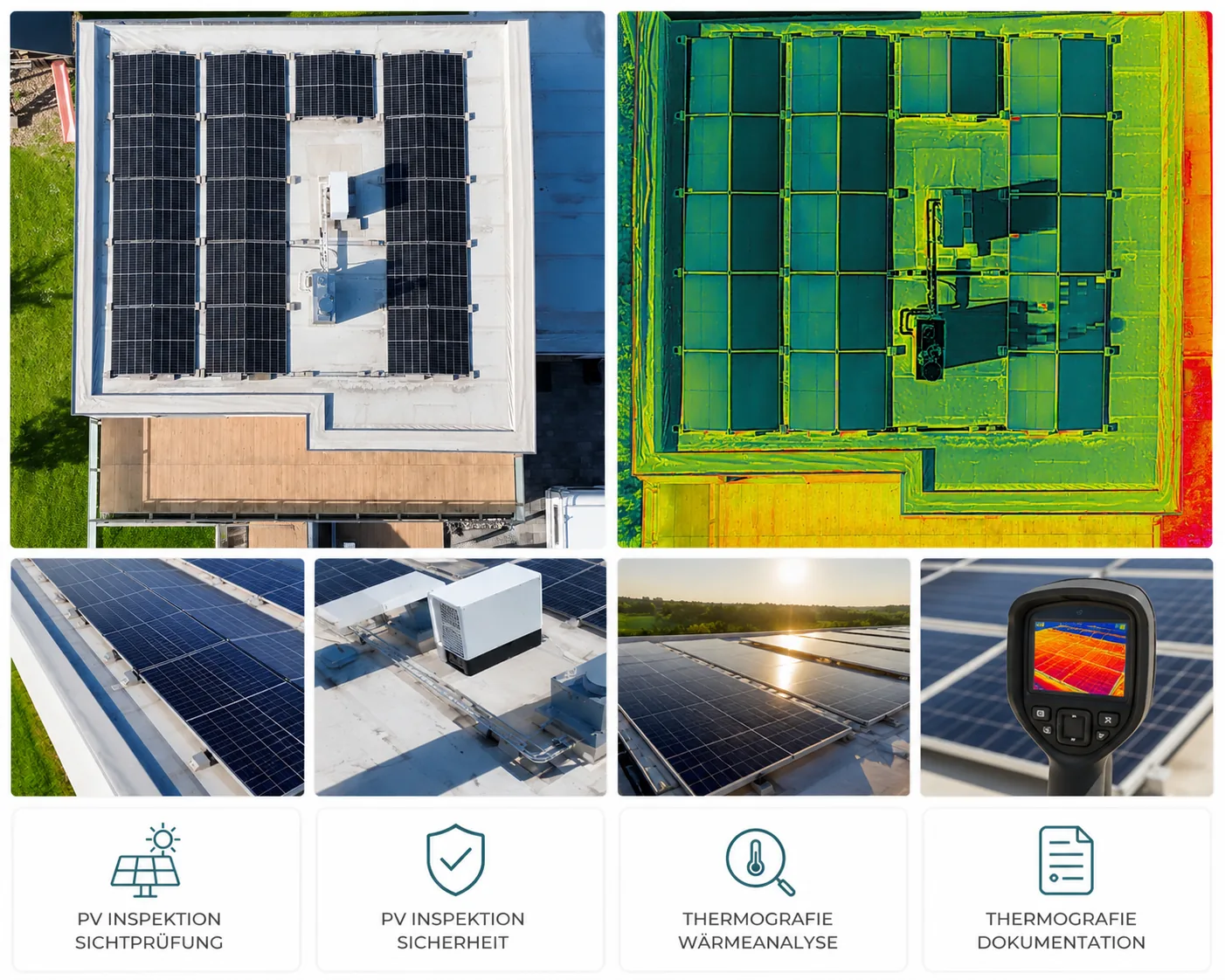 Beispielhafte PV-Dokumentation mit Sichtaufnahme, Thermografie und Detailbildern einer Photovoltaikanlage